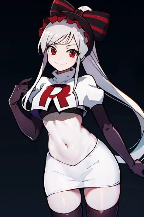 absurdres, highres, ultra detailed, shalltear, gray hair, red eyes, bonnet, hair bow, ponytail, smile, (looking at viewer:1.2), ...