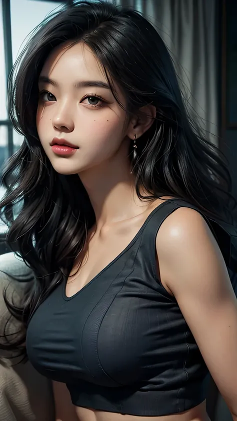 Best Quality, photorealistic, ultra-detailed, finely detailed, high resolution, perfect dynamic composition, sharp-focus, 1 girl, long black hair, wavy hair, sexy lips, shinny skin, blue shirt, sleeveless, pose like a model, 8k, UHD