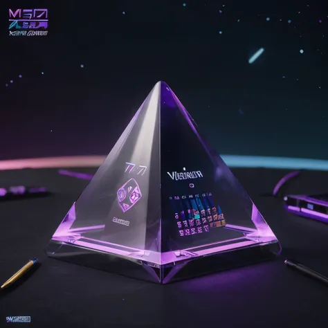 futuristic looking calendar thats transparent with purple turquoise hues psychedelic style with a hint of neon tendencies very detailed ultra realistic 77k high definition truly exquisite  in a pyramid shape