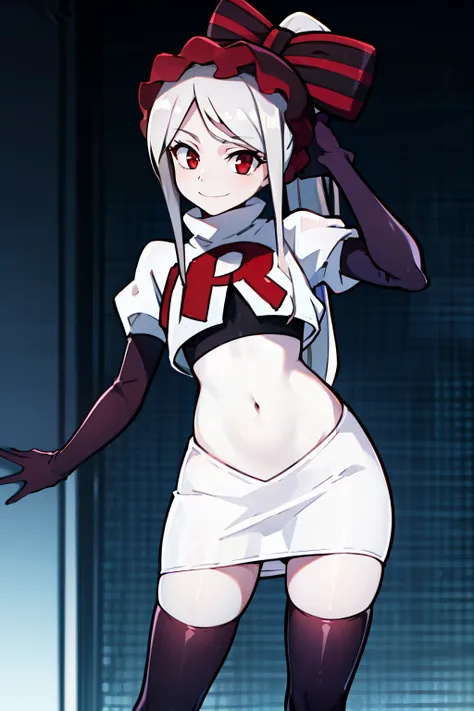 absurdres, highres, ultra detailed, shalltear, gray hair, red eyes, bonnet, hair bow, ponytail, smile, (looking at viewer:1.2), ...