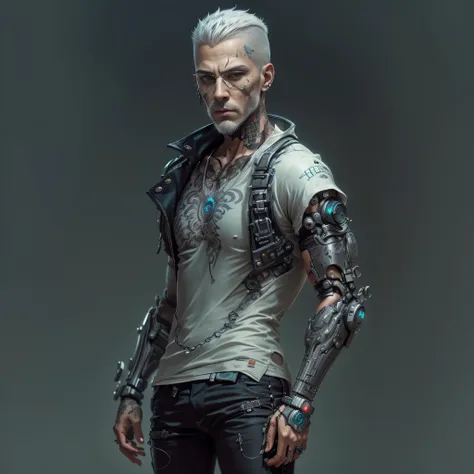 thin man, serious face, male,gray hair, barba curta, with cybernetic arm, robotic arm, with robotic prosthesis,implants on face,...