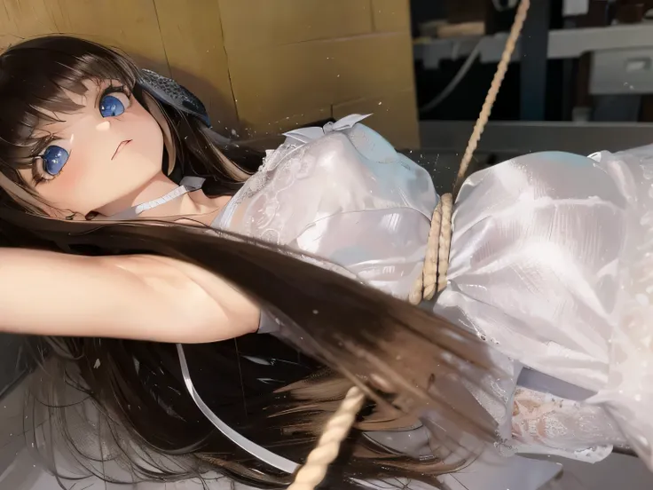 ((masterpiece)), ((highest quality)), (super detailed), torture chamber,(((Waist bound tightly with rope))),pretty girl, 1 girl, alone, ,beautiful hair, (beautiful eyes), long hair, expression of agony