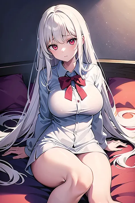 woman with very long white hair, very large breast, legs open on each side, woman of small stature, dressed in school uniform, view of naked breast and vagina, red eyes, emphasis on view of vagina, lying down while opening legs, having sex