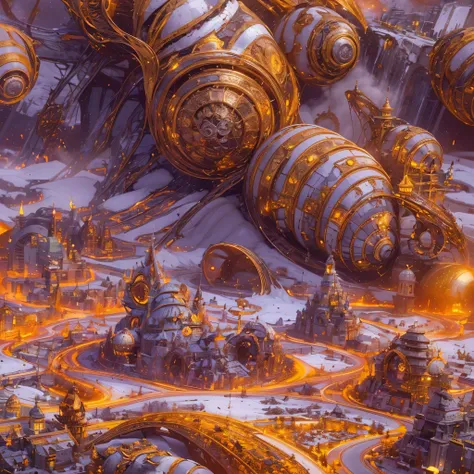 Bald Mengxing landform，Macro small telephoto，Bronzed marble bright orange ocean，Giant Snail God Rectangular Stone Field，AD 9910，The cobra god lights up the ice and snow in the middle of the night，Unreal Engine，Cyberpunk Apocalypse，sci-fi tilt-shift，stereos...