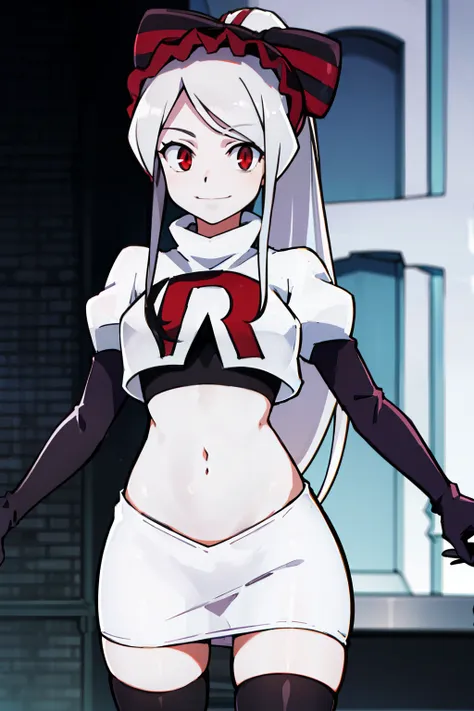 absurdres, highres, ultra detailed, shalltear, gray hair, red eyes, bonnet, hair bow, ponytail, smile, (looking at viewer:1.2), ...