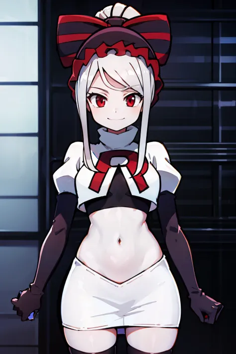 absurdres, highres, ultra detailed, shalltear, gray hair, red eyes, bonnet, hair bow, ponytail, smile, (looking at viewer:1.2), team rocket uniform, red letter R, white skirt,white crop top,black thigh-highs, black elbow gloves