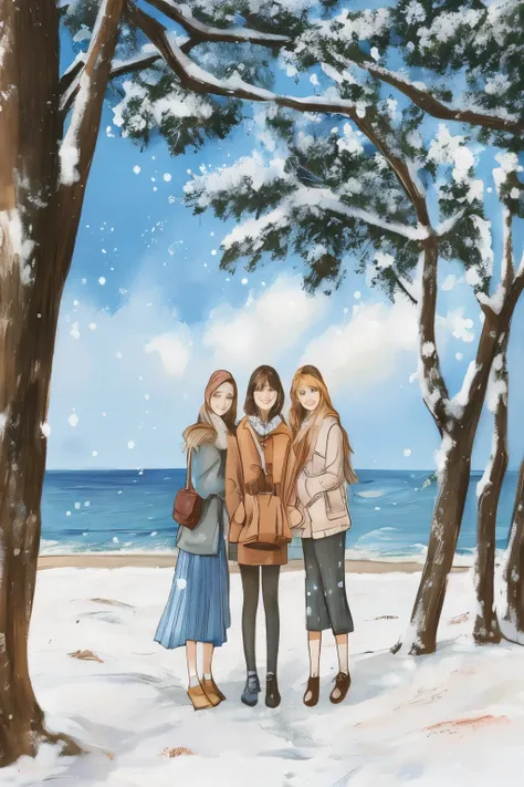 painting of three girls standing in the snow near the ocean, (3 are winter, snowy day, in winter, seasons!! : 🌸 ☀ 🍂 ❄, official ...