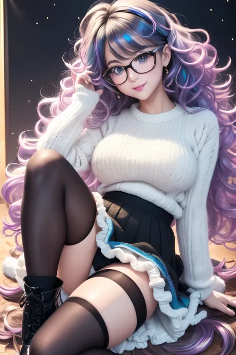 best quality, 32k, RAW photo, incredibly absurdres, extremely detailed, delicate texture, cute woman, (high kick pose), glasses, two side up messy wavy hair, wearing fluffy long-pile knit sweater, fluffy skirt, amorous and lewd expression, superlative body...