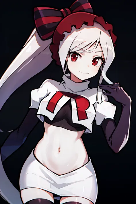 absurdres, highres, ultra detailed, shalltear, gray hair, red eyes, bonnet, hair bow, ponytail, smile, (looking at viewer:1.2), team rocket uniform, red letter R, white skirt,white crop top,black thigh-highs, black elbow gloves