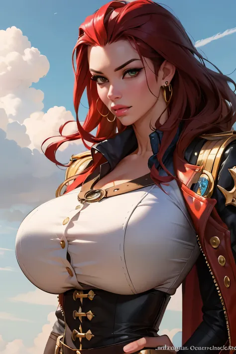 Girl with wavy red hair and rebellious, golden eyes and tanned skin, Steampunk pirate style clothes, (gigantic breasts), background with clouds, realistic manhwa style.