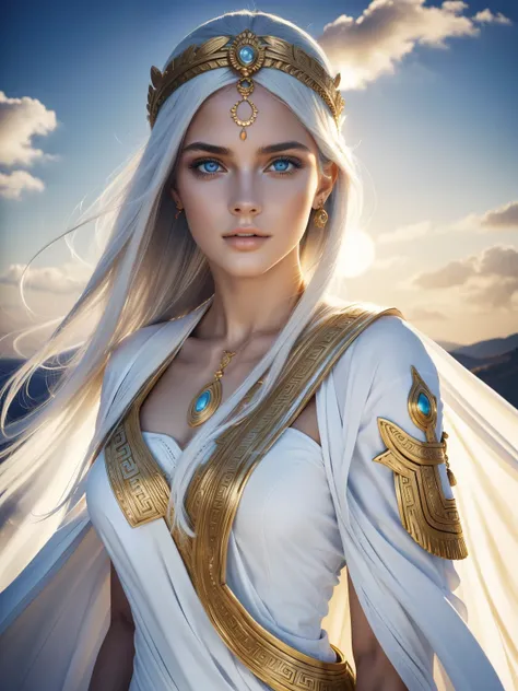 beautiful girl, attractive face and body, full body, blue eyes, white hair, ancient Greek attire, Greek goddess, dynamic pose, standing on thick cloud in the sky, sun, hand emits lights, (best quality, highres, masterpiece:1.2), ultra-detailed, (realistic:...