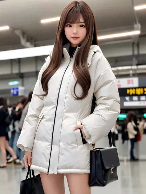 product quality, 1 girl, cowboy shot, front view, a Japanese young pretty girl, long bob hair, standing on a crowded platform with a big smile in a big station, silky white down parka over a black sweater, black miniskirt, a tote bag over her shoulder, hyp...