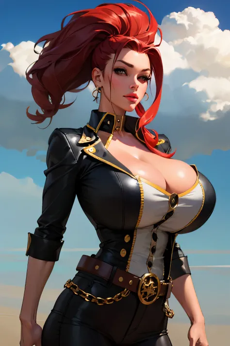 Girl with wavy red hair and rebellious, ((hair slicked back)), golden eyes and tanned skin, Steampunk pirate style clothes, (gigantic breasts), background with clouds, realistic manhwa style.