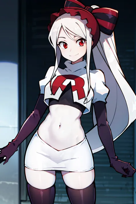 absurdres, highres, ultra detailed, shalltear, gray hair, red eyes, bonnet, hair bow, ponytail, smile, (looking at viewer:1.2), ...