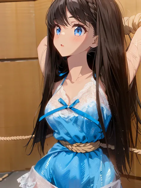 ((masterpiece)), ((highest quality)), (super detailed), torture chamber,(((Waist bound tightly with rope))),pretty girl, 1 girl, alone, ,beautiful hair, (beautiful eyes), long hair, expression of agony