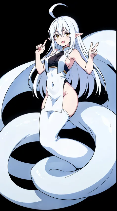 1girl,10s,smile,long hair,white hair,ahoge,lamia tail,white lamia tail,(black background),pointy ears,sleeveless,white shirt,(little cleavage),happy,smile,open mouth,full body