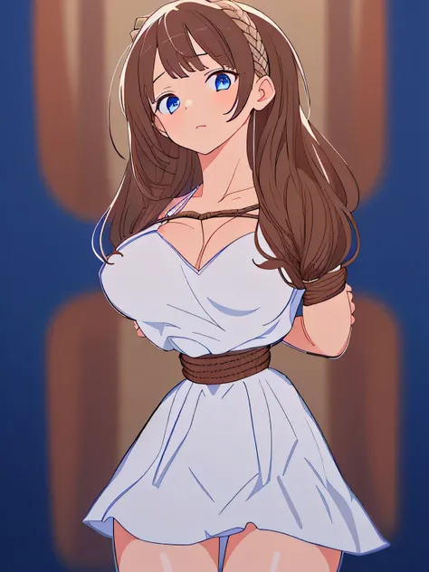 ((masterpiece)), ((highest quality)), (super detailed), torture chamber,(((Waist bound tightly with rope))),pretty girl, 1 girl, alone, white slip dress,beautiful brown hair, (beautiful blue eyes), long hair, expression of agony