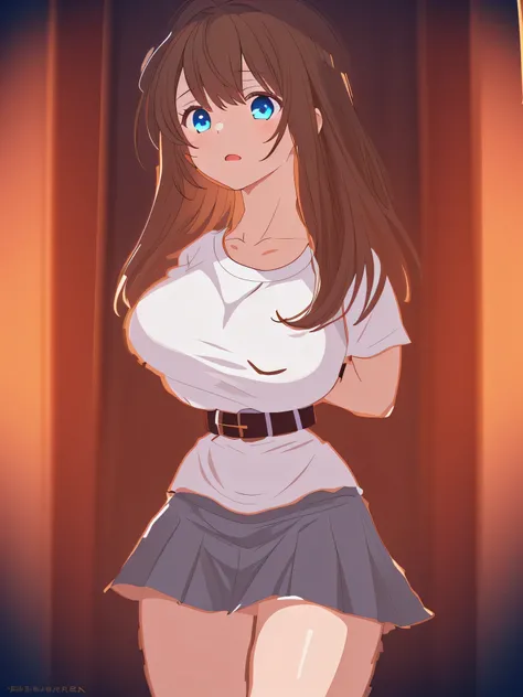 ((masterpiece)), ((highest quality)), (super detailed), torture chamber,(((belt that tightens the waist))),pretty girl, 1 girl, alone, white t-shirt, skirt,beautiful brown hair, (beautiful blue eyes), long hair, expression of agony