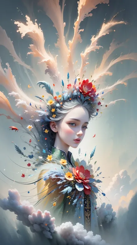 (((White cloud background))), (((high saturation))), ((Surrounded by brilliant colors)))) super detailed, Beautiful and beautiful, masterpiece, best quality, (tangled, mandala, tangled, twist), (Fractal art: 1.3), 1 girl, Very detailed, dynamic angle, cowb...