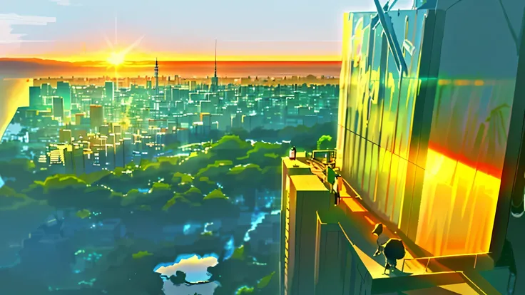 city, forest,sunrise,reflection. by Makoto Shinkai, too much growth. by Makoto Shinkai, by Makoto Shinkai, by Makoto Shinkai