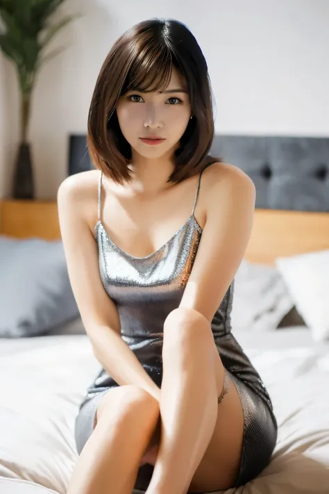 araffe woman in black dress sitting on the bed with her hand on her chin, gorgeous young korean woman, beautiful south korean woman, beautiful young korean woman, korean woman, korean girl, a cute young woman, sitting on the bed, cute young woman, with a c...