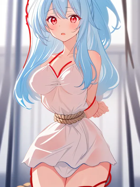 ((masterpiece)), ((highest quality)), (super detailed), torture chamber,(((Waist bound tightly with rope))),pretty girl, 1 girl, alone, white slip dress,beautiful blue hair, (beautiful red eyes), long hair, expression of agony