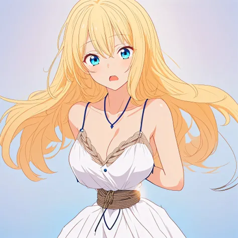 ((masterpiece)), ((highest quality)), (super detailed), torture chamber,(((Waist bound tightly with rope))),pretty girl, 1 girl, alone, white slip dress,beautiful blonde hair, (beautiful blue eyes), long hair, expression of agony