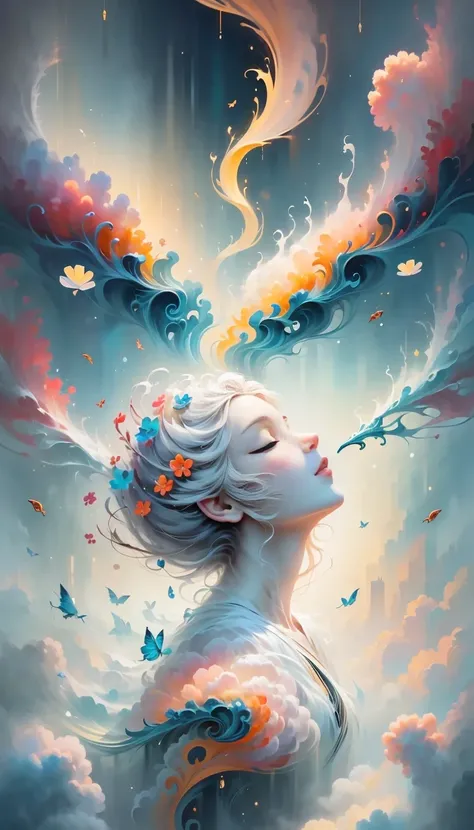 (((White cloud background))), (((high saturation))), ((Surrounded by brilliant colors)))) super detailed, Beautiful and beautiful, masterpiece, best quality, (tangled, mandala, tangled, twist), (Fractal art: 1.3), 1 girl, Very detailed, dynamic angle, cowb...