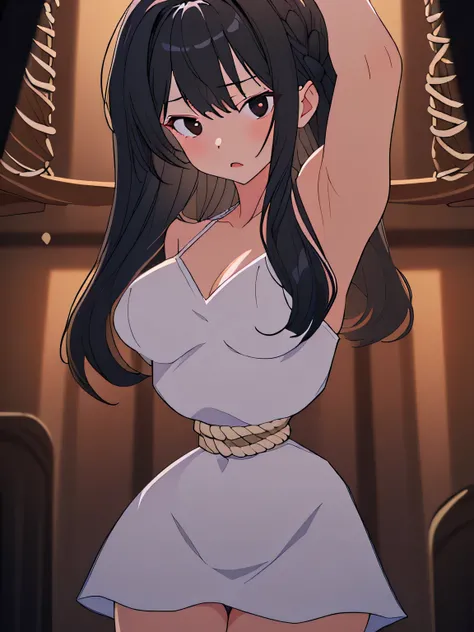 ((masterpiece)), ((highest quality)), (super detailed), torture chamber,(((Waist bound tightly with rope))),pretty girl, 1 girl, alone, white slip dress,beautiful black hair, (beautiful black eyes), long hair, expression of agony