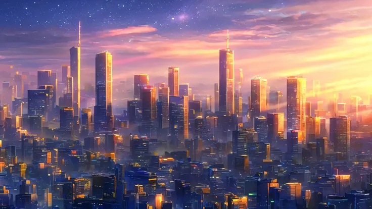 Cityscape with many skyscrapers, octane rendering. by Makoto Shinkai, neo tokyo background, Makoto Shinkai. octane rendering, golden hour in tokyo, tokyo futuristic in background, space sky. by Makoto Shinkai, Makoto Shinkai. — hour 2160, A city under a fa...