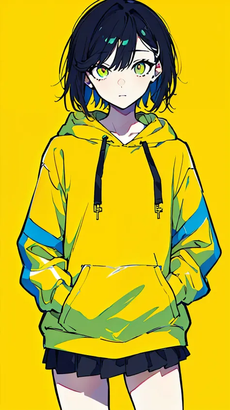 (masterpiece, highest quality:1.6), alone, thick outline, (simple background, Dark yellow background, monochrome, dark yellow theme:1.2), official art, Key Visual, 8k, confused, whole body, (unique hair, oversized hoodie, mini skirt, short torso:1.2), bell...