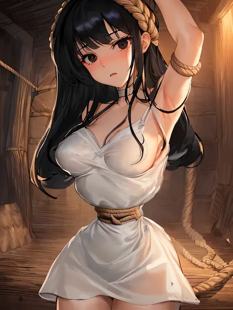 ((masterpiece)), ((highest quality)), (super detailed), torture chamber,(((Waist bound tightly with rope))),pretty girl, 1 girl, alone, white slip dress,beautiful black hair, (beautiful black eyes), long hair, expression of agony