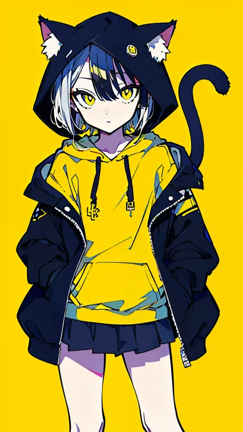 (masterpiece, highest quality:1.6), alone, thick outline, (simple background, Dark yellow background, monochrome, dark yellow theme:1.2), official art, Key Visual, 8k, confused, whole body, (unique hair, oversized hoodie, mini skirt, Cat ear, short torso:1...