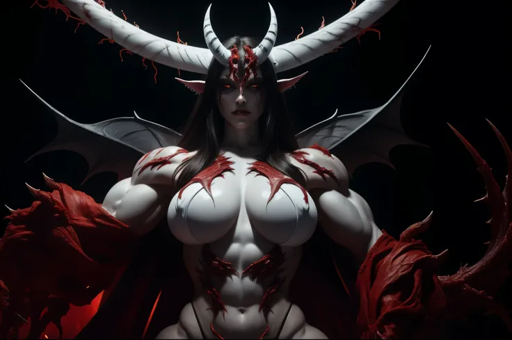 (carnage:1.5),(black and white demoness:1.5),(beautiful female model:1.5), (demoness with Large horns:1.25),(1 super muscular succubus with flayed skin:1.5), (covered in thick white muscle suit:1.5), (exposed perfect anatomy:1.5), high detail, best quality...