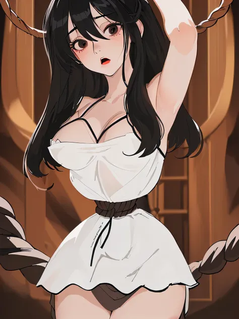 ((masterpiece)), ((highest quality)), (super detailed), torture chamber,(((Waist bound tightly with rope))),pretty girl, 1 girl, alone, white slip dress,beautiful black hair, (beautiful black eyes), long hair, expression of agony