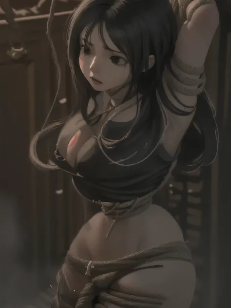 ((masterpiece)), ((highest quality)), (super detailed), torture chamber,(((Waist bound tightly with rope))),pretty girl, 1 girl, alone,beautiful black hair, (beautiful black eyes), long hair, expression of agony