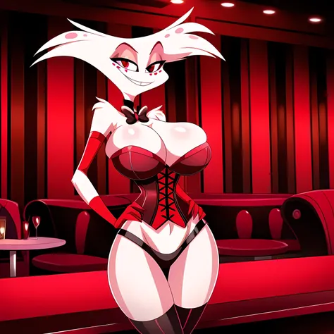 Angel Dust Hazbin Hotel,  female, corset, huge breasts, wide hips, highly detailed, hi res, high resolution, at club, red theme, looking at viewer, smile, thick, ((half length portrait))