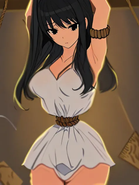 ((masterpiece)), ((highest quality)), (super detailed), torture chamber,(((Waist bound tightly with rope))),pretty girl, 1 girl, alone, white slip dress,beautiful black hair, (beautiful black eyes), long hair, expression of agony