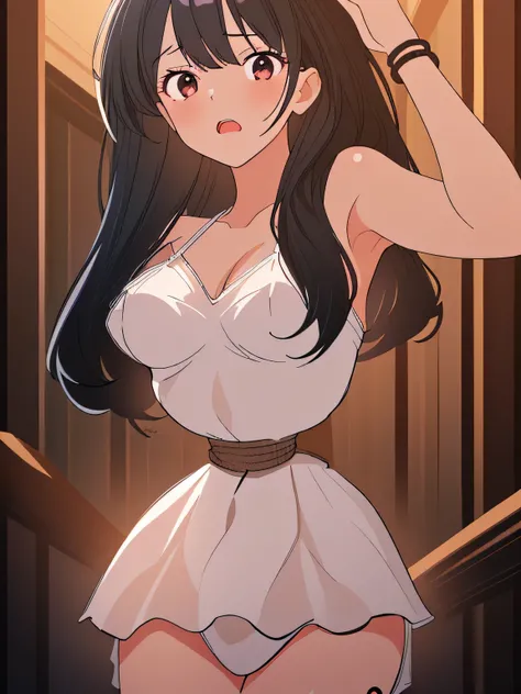 ((masterpiece)), ((highest quality)), (super detailed), torture chamber,(((Waist bound tightly with rope))),pretty girl, 1 girl, alone, white slip dress,beautiful black hair, (beautiful black eyes), long hair, expression of agony