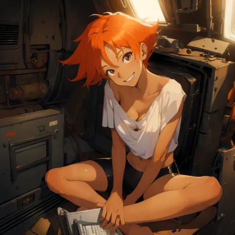 Edward,sitting on floor, typing at laptop, midriff,orange hair,white shirt,off shoulder,collarbone,tan skin, black bike shorts,goggles, brown eyes, space station,engine room, smiling, bedroom eyes, breasts, cleavage (insanely detailed, beautiful detailed f...