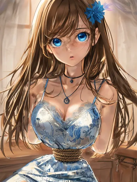 ((masterpiece)), ((highest quality)), (super detailed), torture chamber,(((Waist bound tightly with rope))),pretty girl, 1 girl, alone,white tank top one piece dress,beautiful brown hair, (beautiful blue eyes), long hair, expression of agony