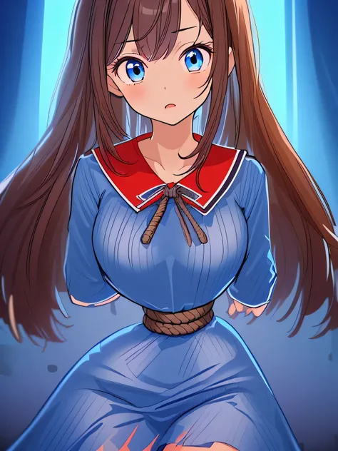 ((masterpiece)), ((highest quality)), (super detailed), torture chamber,(((Waist bound tightly with rope))),pretty girl, 1 girl, alone,Blue One Piece Dress,beautiful brown hair, (beautiful blue eyes), long hair, expression of agony