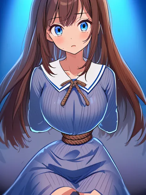 ((masterpiece)), ((highest quality)), (super detailed), torture chamber,(((Waist bound tightly with rope))),pretty girl, 1 girl, alone,Blue One Piece Dress,beautiful brown hair, (beautiful blue eyes), long hair, expression of agony