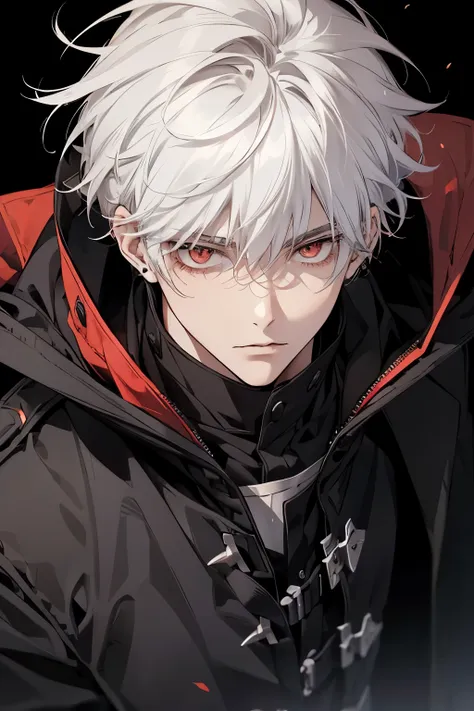 1male, calm, age 25 face, short messy with bangs, white hair, red colored eyes, black coat, black clothes, black background, adu...