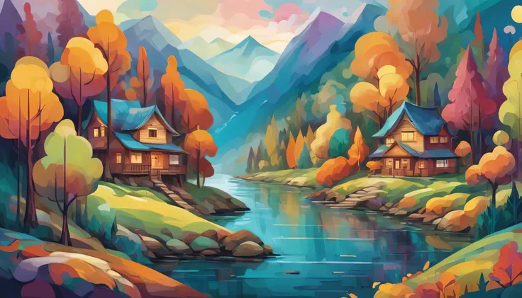 Abstract style forest, mountain, river, house . Non-representational, colors and shapes, expression of feelings, imaginative, highly detailed