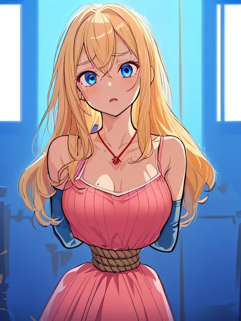 ((masterpiece)), ((highest quality)), (super detailed), torture chamber,(((Waist bound tightly with rope))),pretty girl, 1 girl, alone,pink tank top one piece dress,beautiful blonde hair, (beautiful blue eyes), long hair, expression of agony