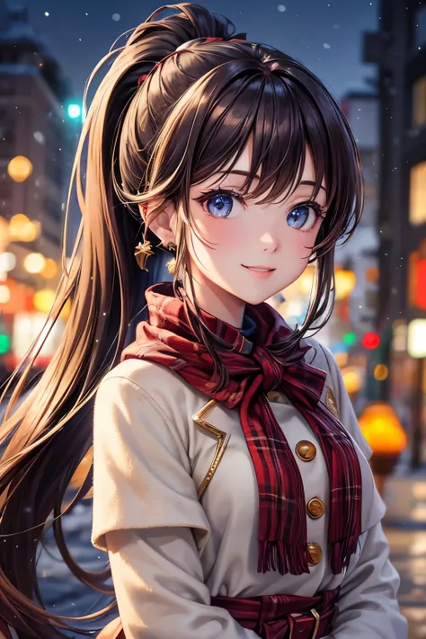 highest quality, High resolution, perfect human structure, Focus of the figure, Front view, shining hair, shining eyes, Christmas, city, winter, coat, Christmas tree, overall angle, Medium chest, Smile, gradient eyes, flowing bangs,ponytail hair