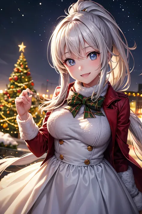 highest quality, High resolution, perfect human structure, Focus of the figure, Front view, shining hair, shining eyes, Christmas, city, winter, coat, Christmas tree, overall angle, Medium chest, Smile, gradient eyes, flowing bangs,ponytail hair