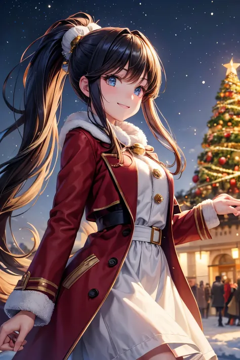 highest quality, High resolution, perfect human structure, Focus of the figure, Front view, shining hair, shining eyes, Christmas, city, winter, coat, Christmas tree, overall angle, Medium chest, Smile, gradient eyes, flowing bangs,ponytail hair