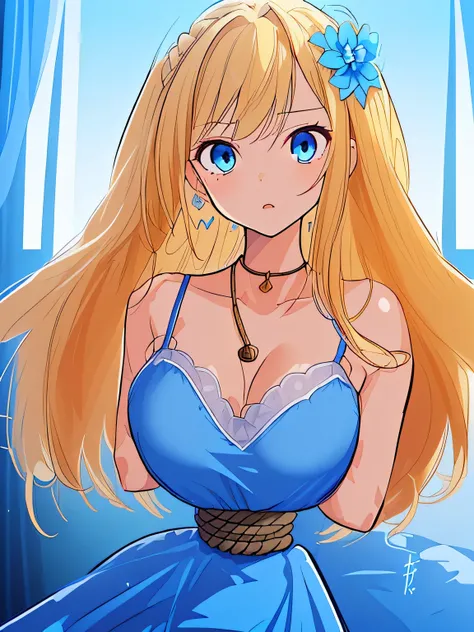 ((masterpiece)), ((highest quality)), (super detailed), torture chamber,(((Waist bound tightly with rope))),pretty girl, 1 girl, alone,sky blue tank top one piece dress,beautiful blonde hair, (beautiful blue eyes), long hair, expression of agony